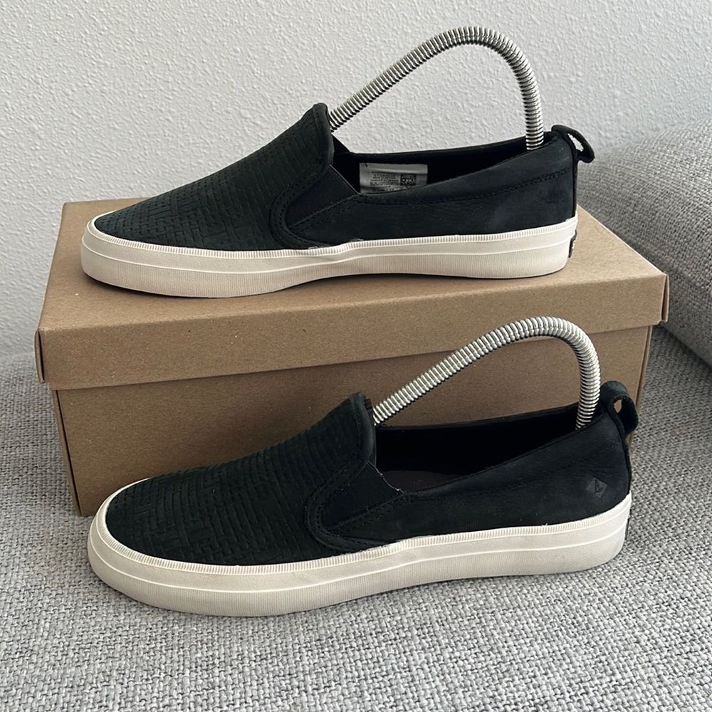 Sperry Top-Sider Crest Twin Gore Woven Embossed Slip-On Black Woven Leather 7.5